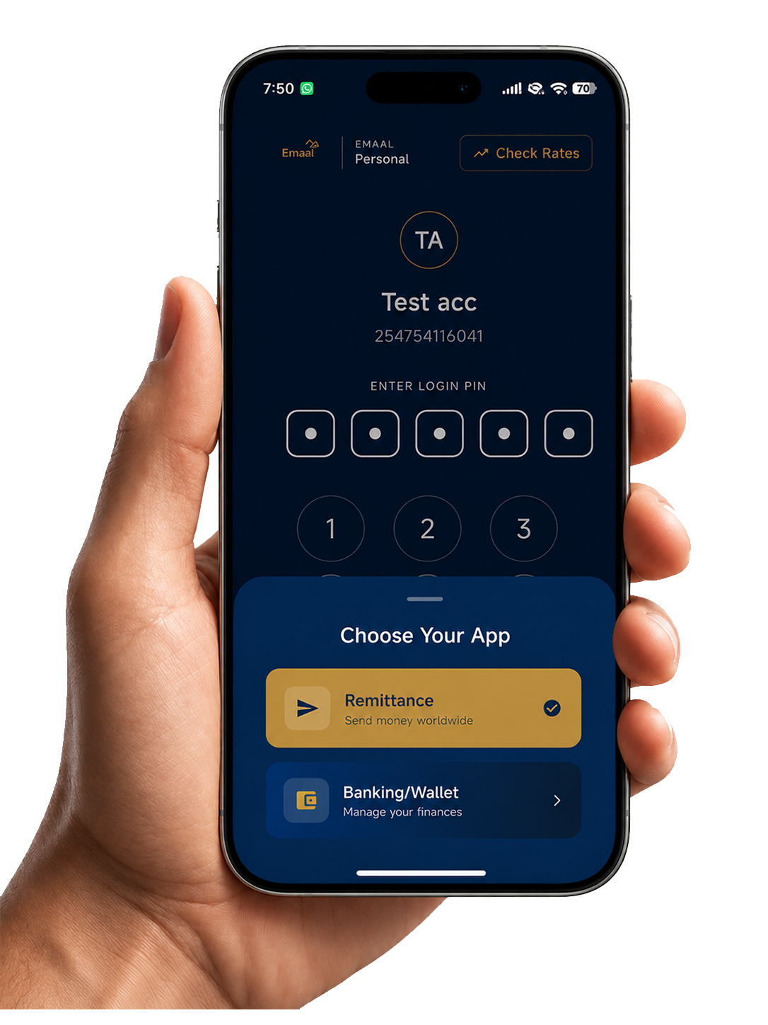 Hand holding phone with FinPayTech app